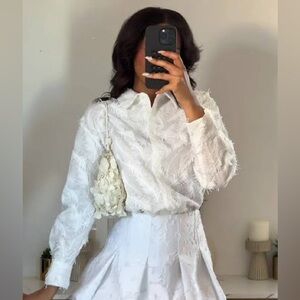 $79 NWT. Zara White Fringed Textured Button-Up Shirt XL